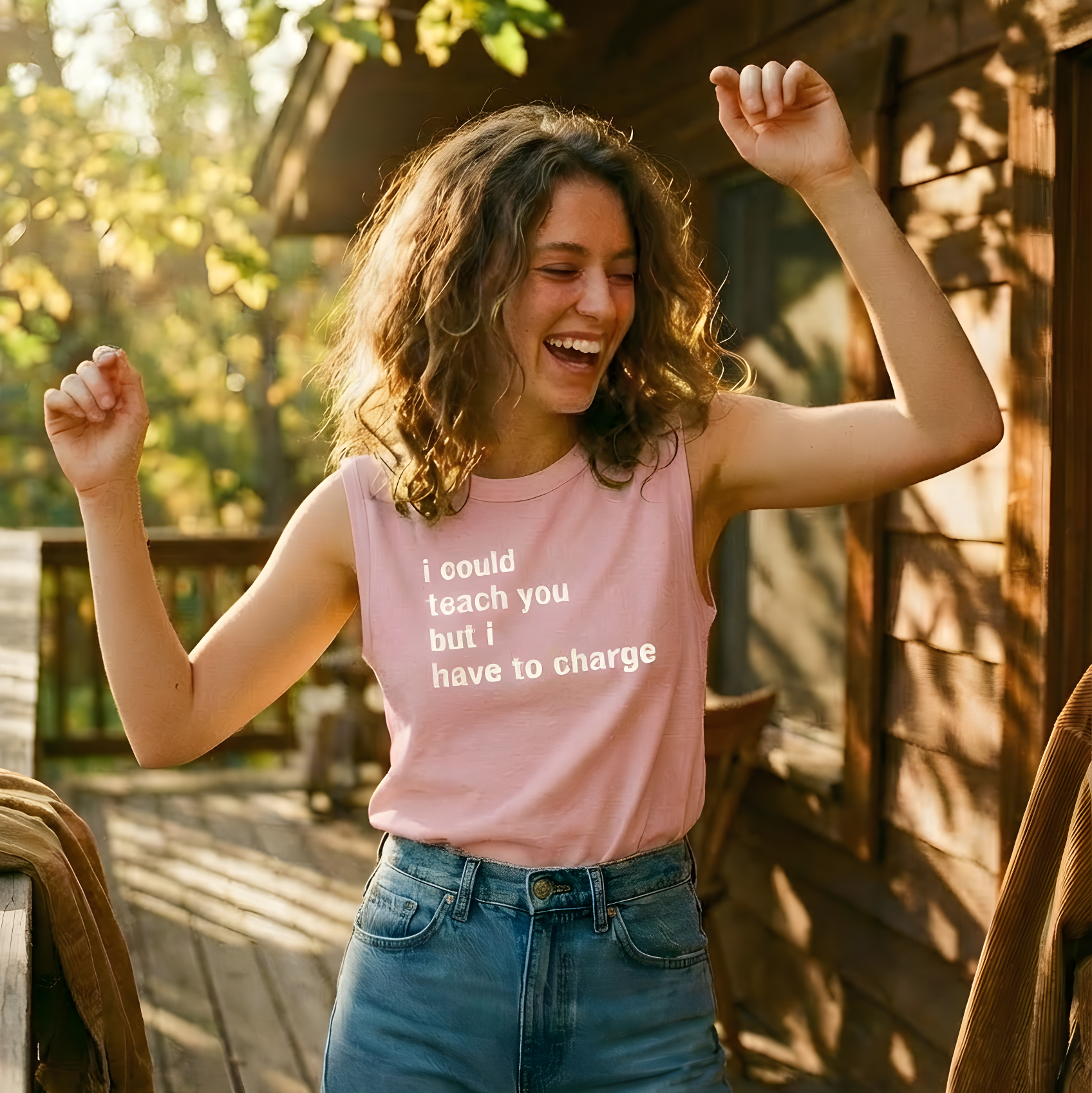 Woman in pink tank top and blue jeans standing on a wooden deck with a cabin in the background.