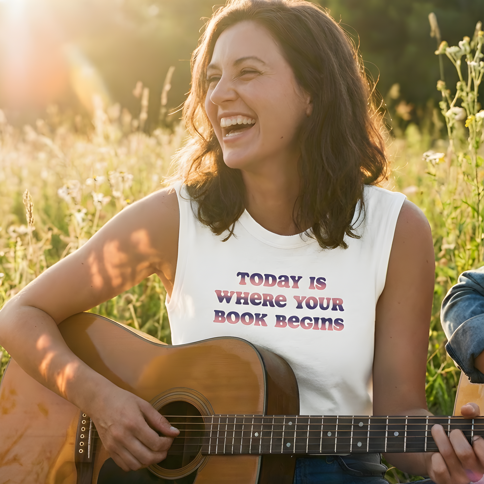 Woman playing guitar in a field with 'Lyrical Sunshine' logo.
