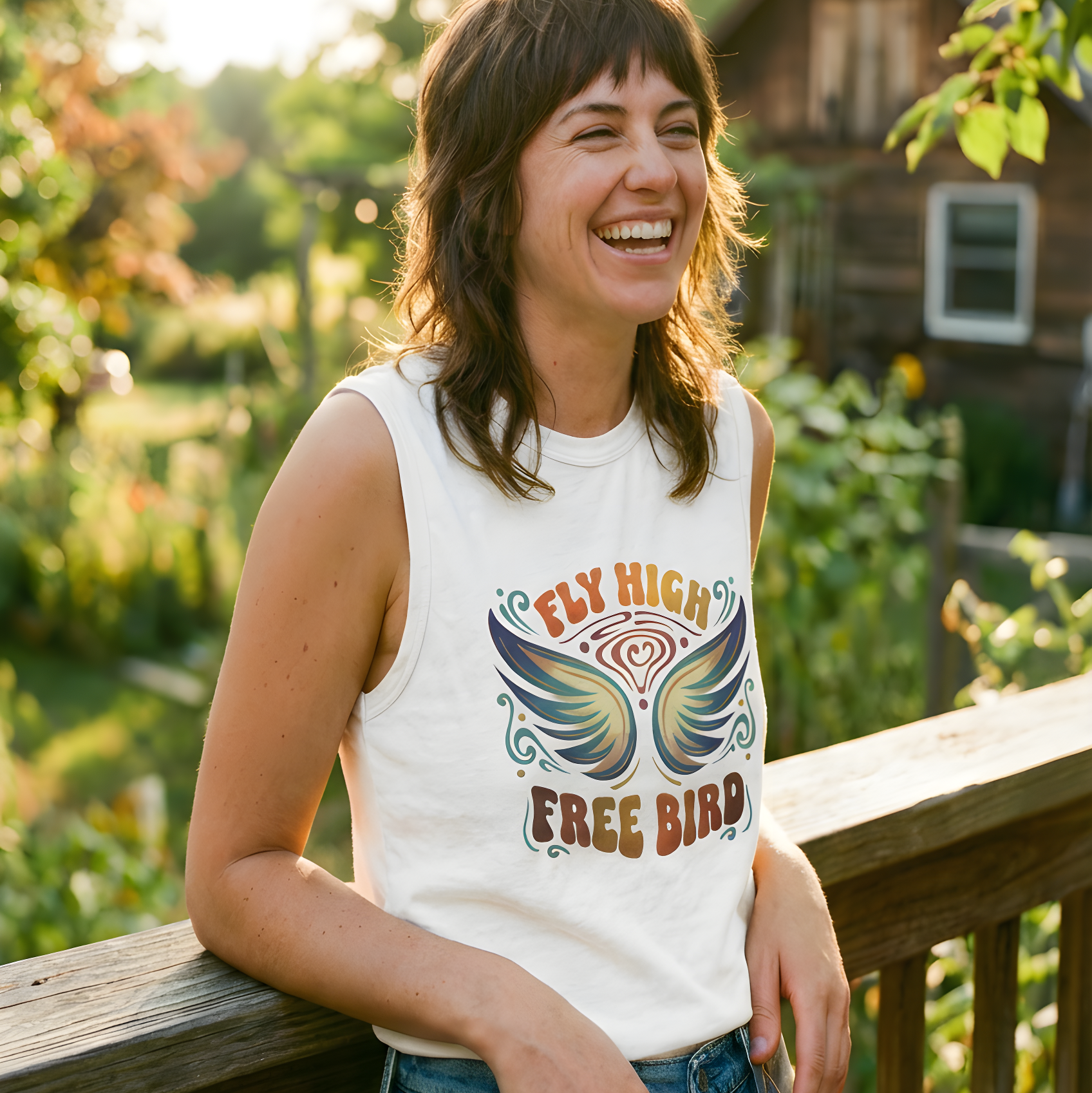 Person wearing a 'Fly High Free Bird' tank top in a garden setting with 'Lyrical Sunshine' branding.