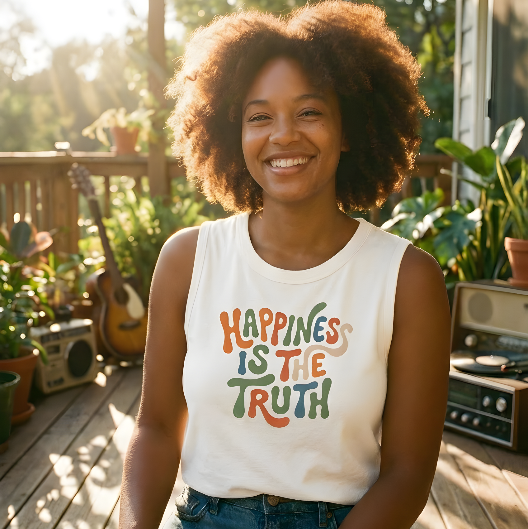 Woman wearing a 'Happiness is the Truth' shirt sitting on a wooden deck with plants and a guitar in the background.