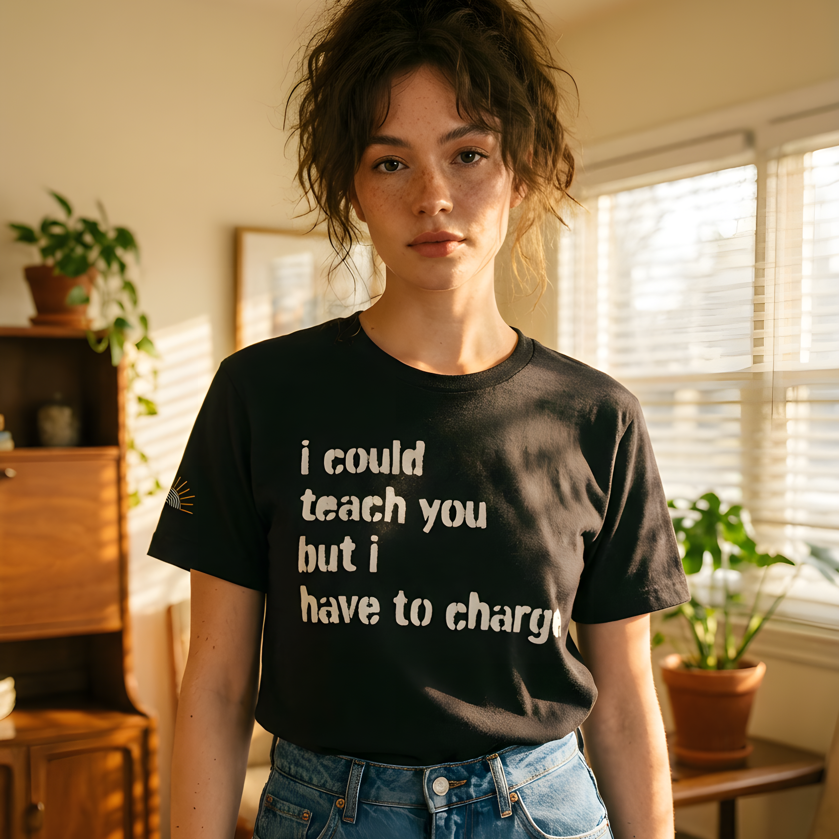 Person wearing a black t-shirt with text in a living room