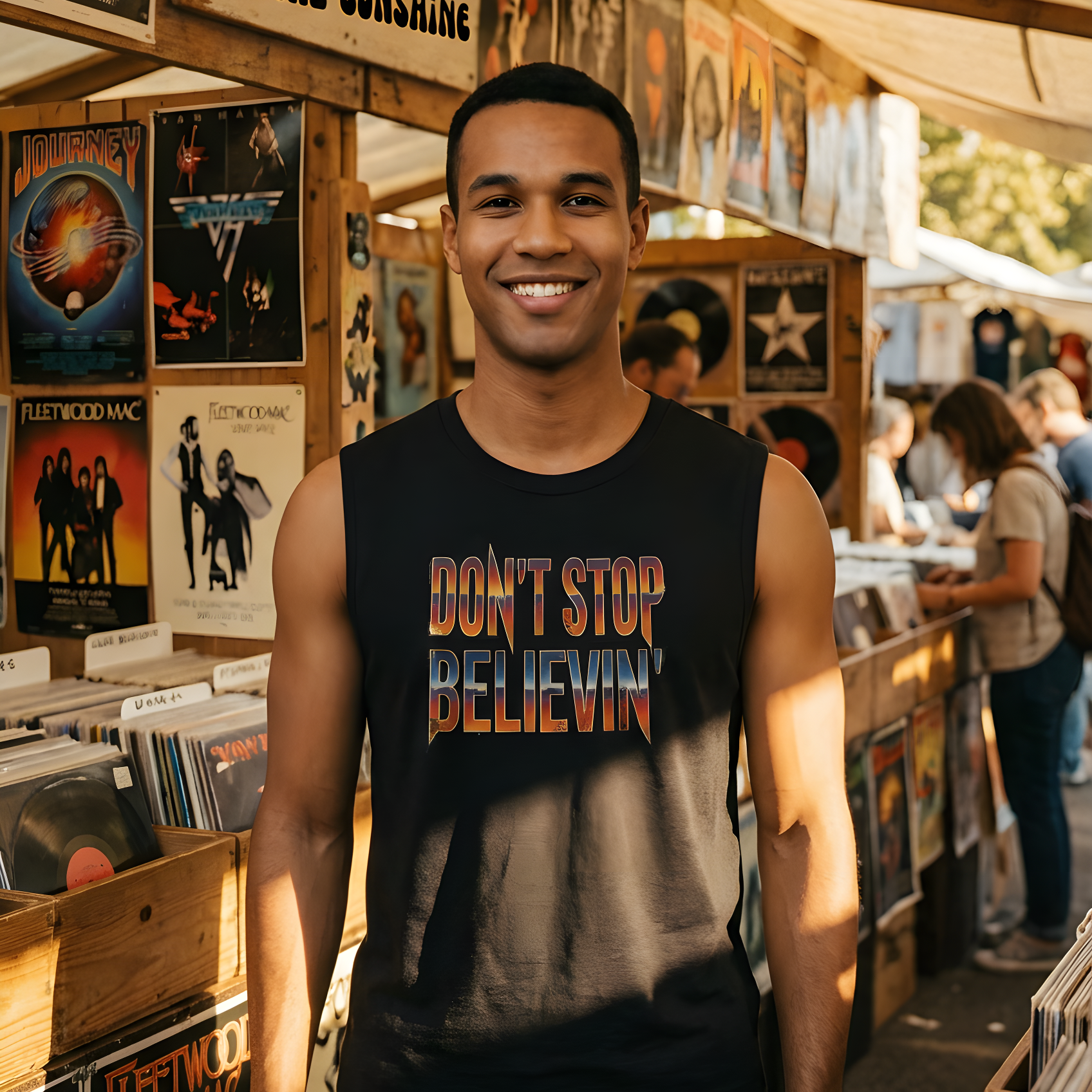 Man wearing a 'Don't Stop Believin'' shirt standing in a record store.