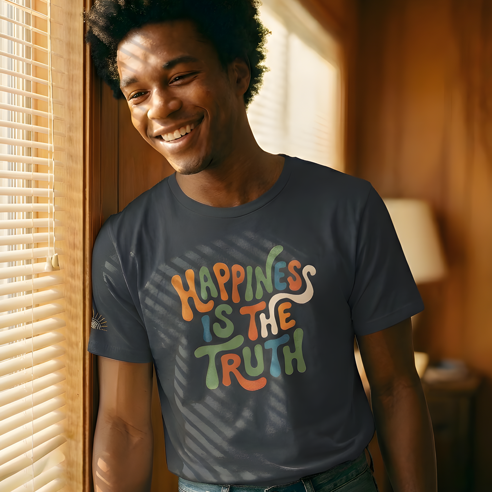 Man wearing a t-shirt with 'Happiness is the Truth' text in a warm indoor setting