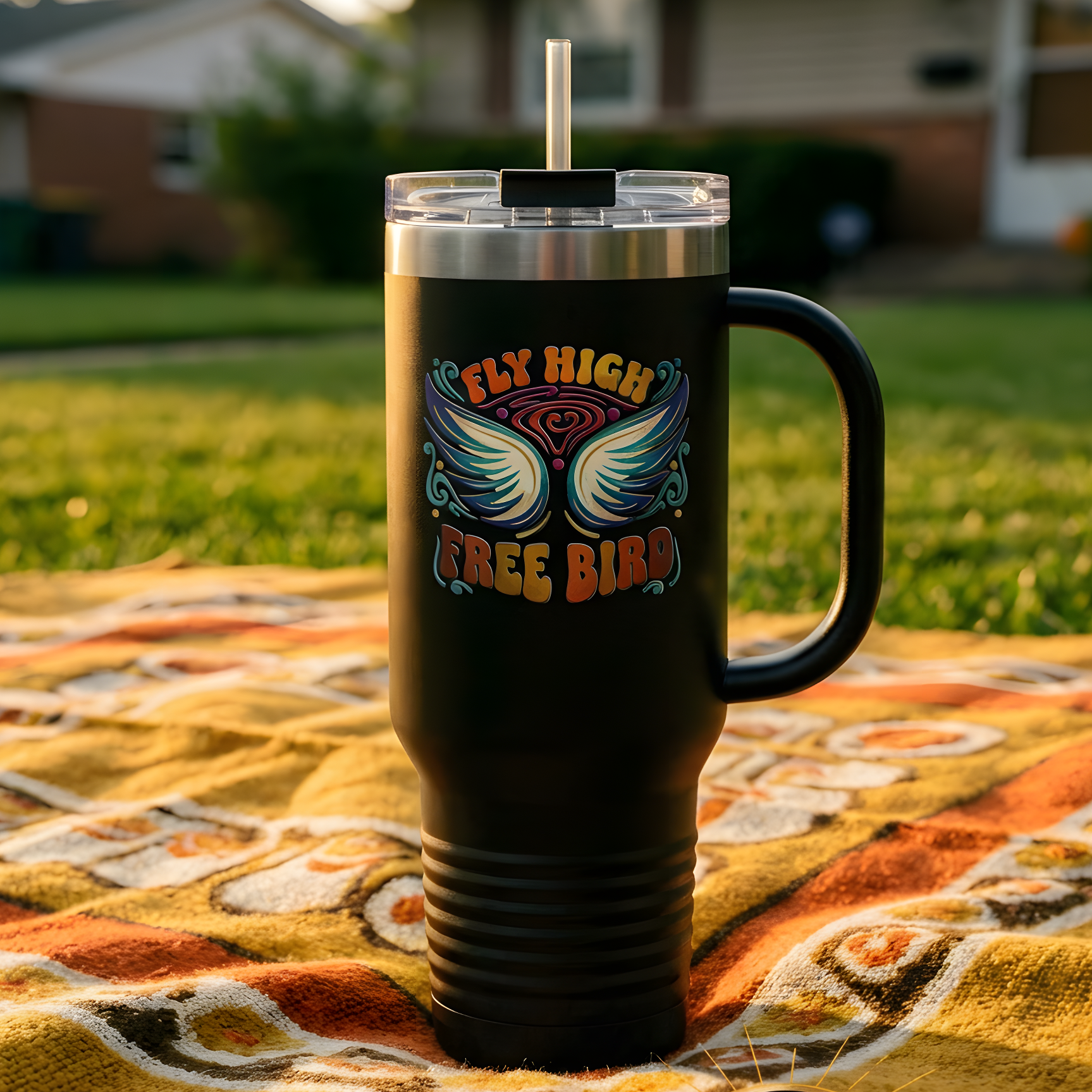 Black mug with 'Fly High Free Bird' design on a colorful blanket outdoors.