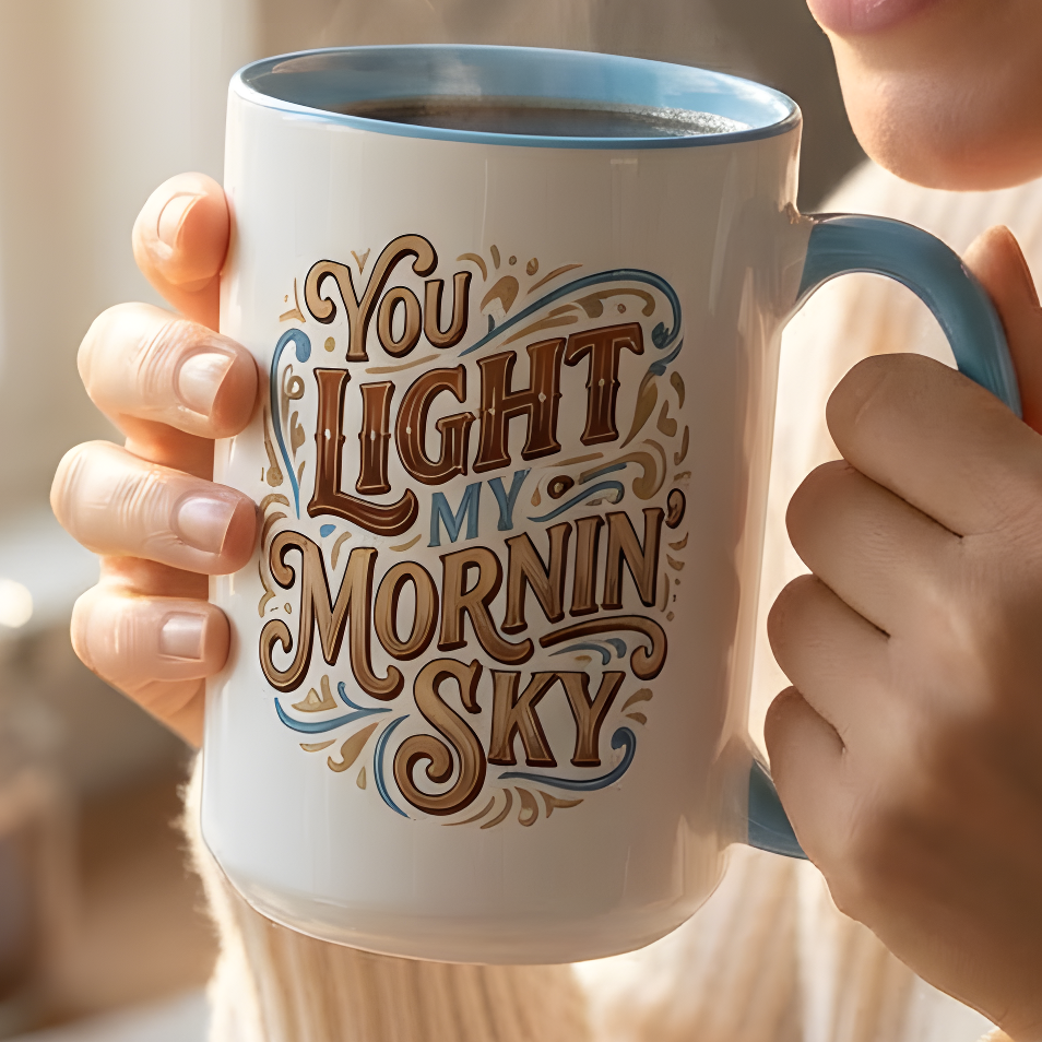 Person holding a mug with text in a cozy setting