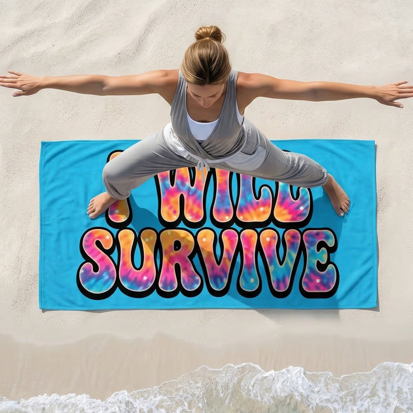 Person lying on a towel with 'Wild Survive' text on a beach, surrounded by promotional text for Lyrical Sunshine.