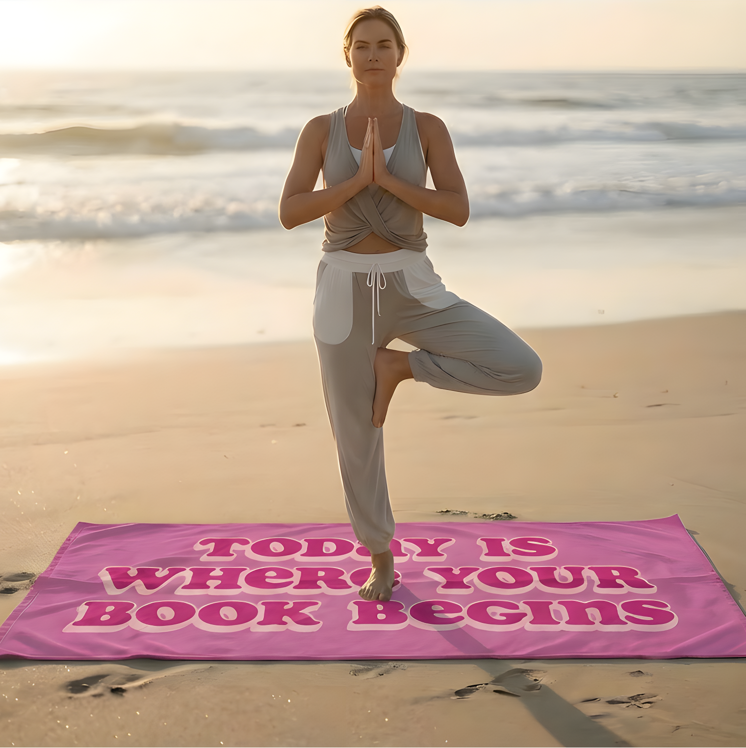 Woman practicing yoga on a beach with promotional text for Lyrical Sunshine.