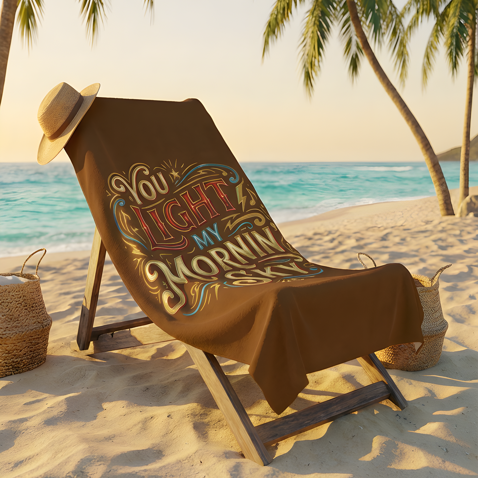 Beach scene with lounge chair and towel featuring motivational text, palm trees, and ocean.