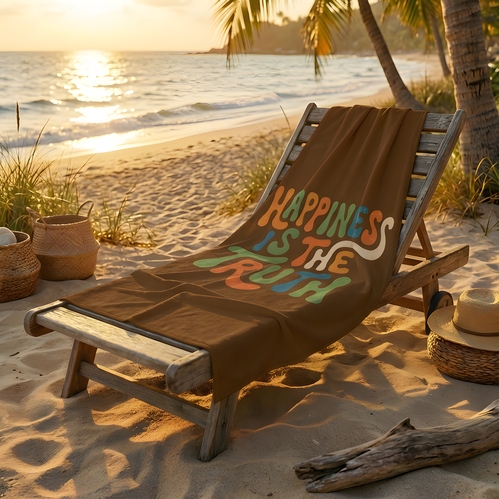 Beach chair with a towel reading 'Happiness is the truth' on a sandy beach at sunset.
