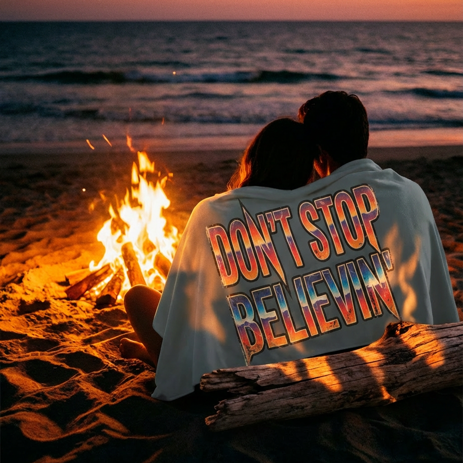Two people sitting by a campfire on a beach at sunset with a blanket that says 'Don't Stop Believing'.