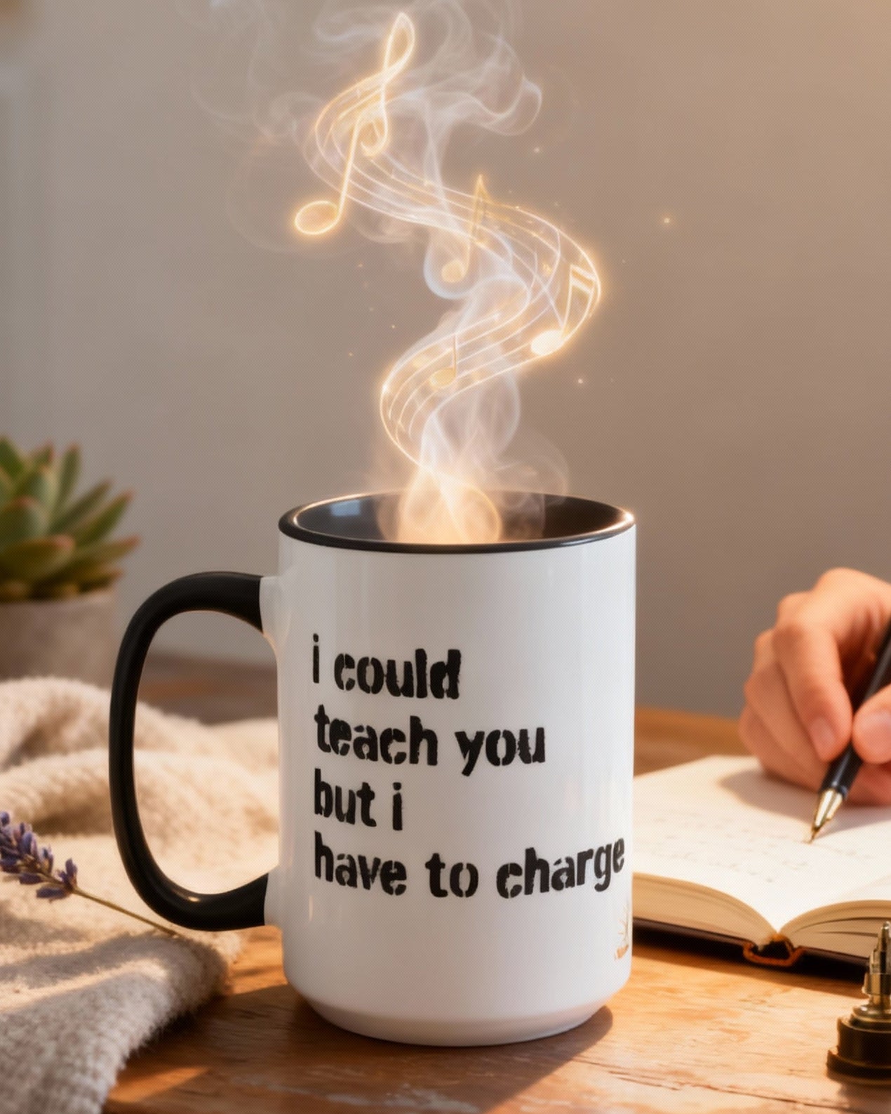 Steaming mug with text on a wooden table, hand holding pen, and 'Brewing New Melodies' text above.