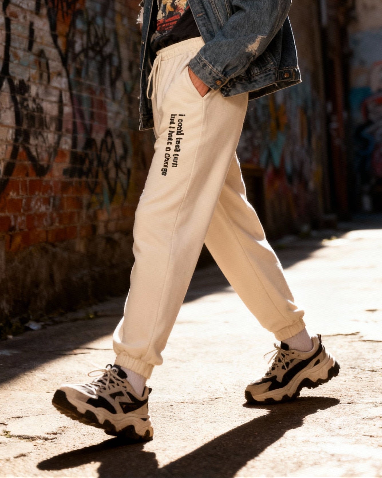 Person wearing a denim jacket and beige pants with text overlay in an urban setting.