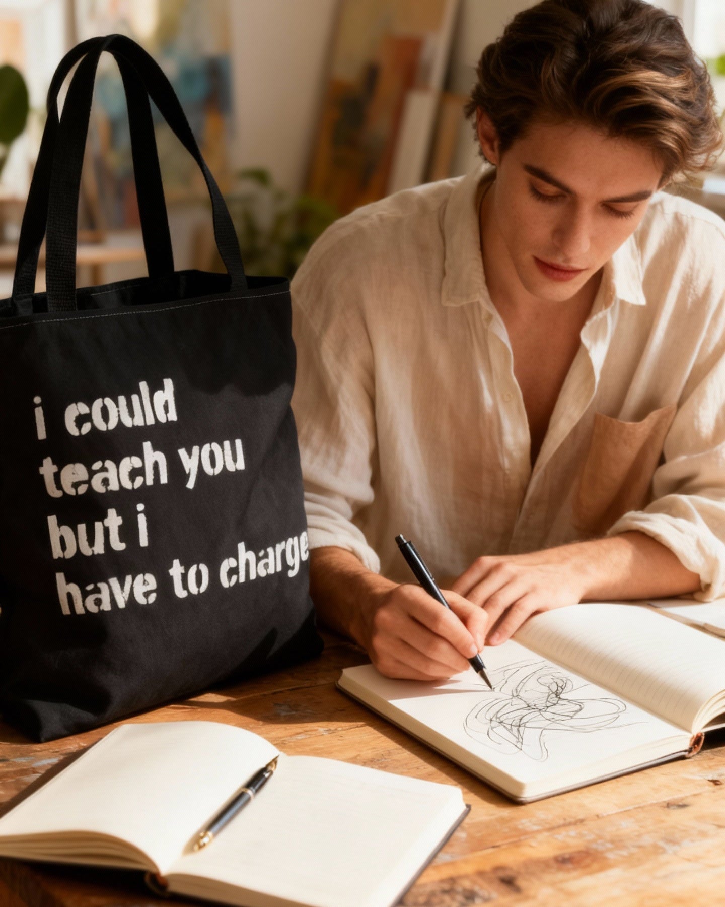 Person sitting at a wooden table with books and a tote bag, surrounded by plants.
