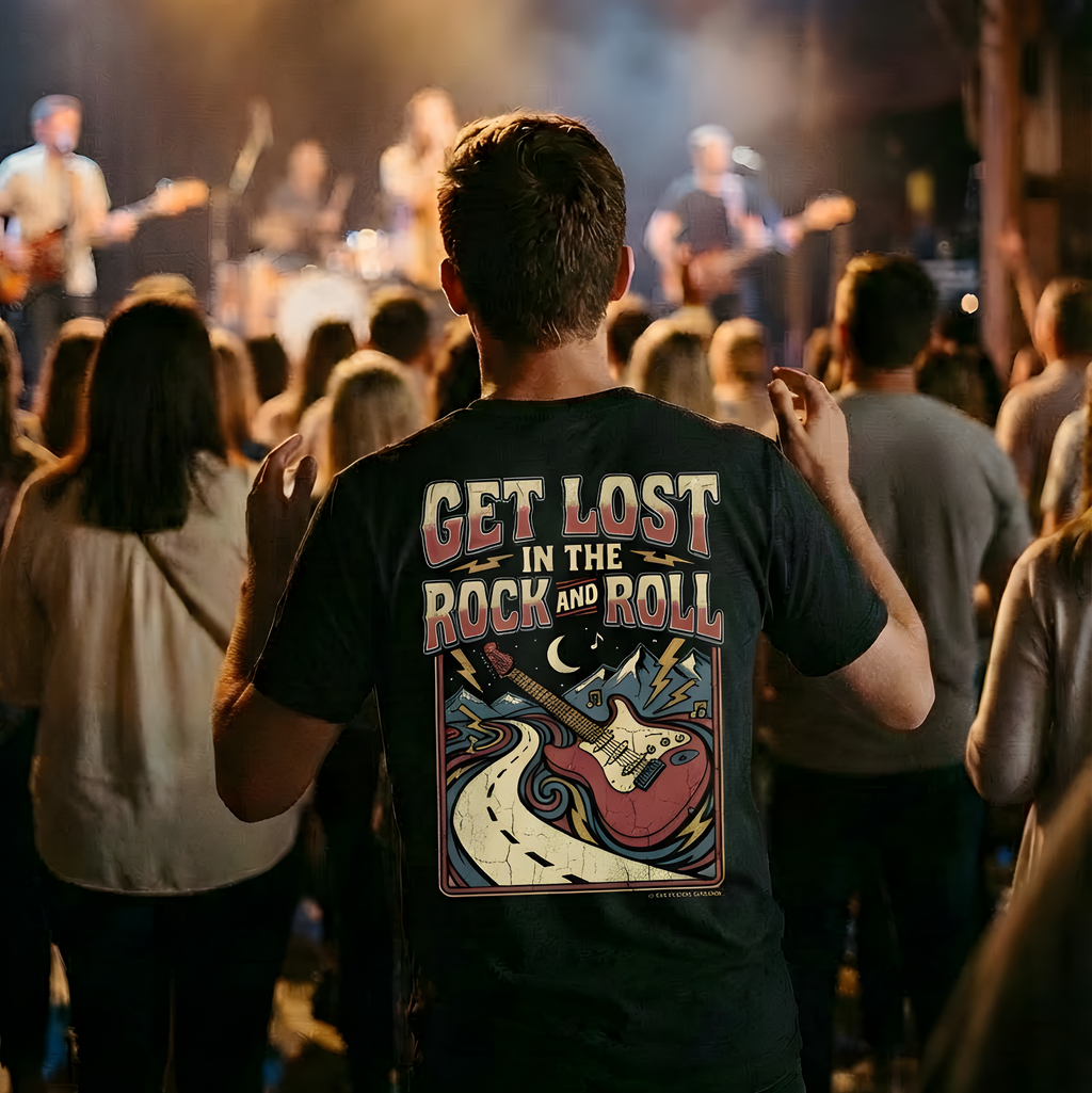 Get Lost in the Rock & Roll Tee — Retro Guitar Graphic T-Shirt