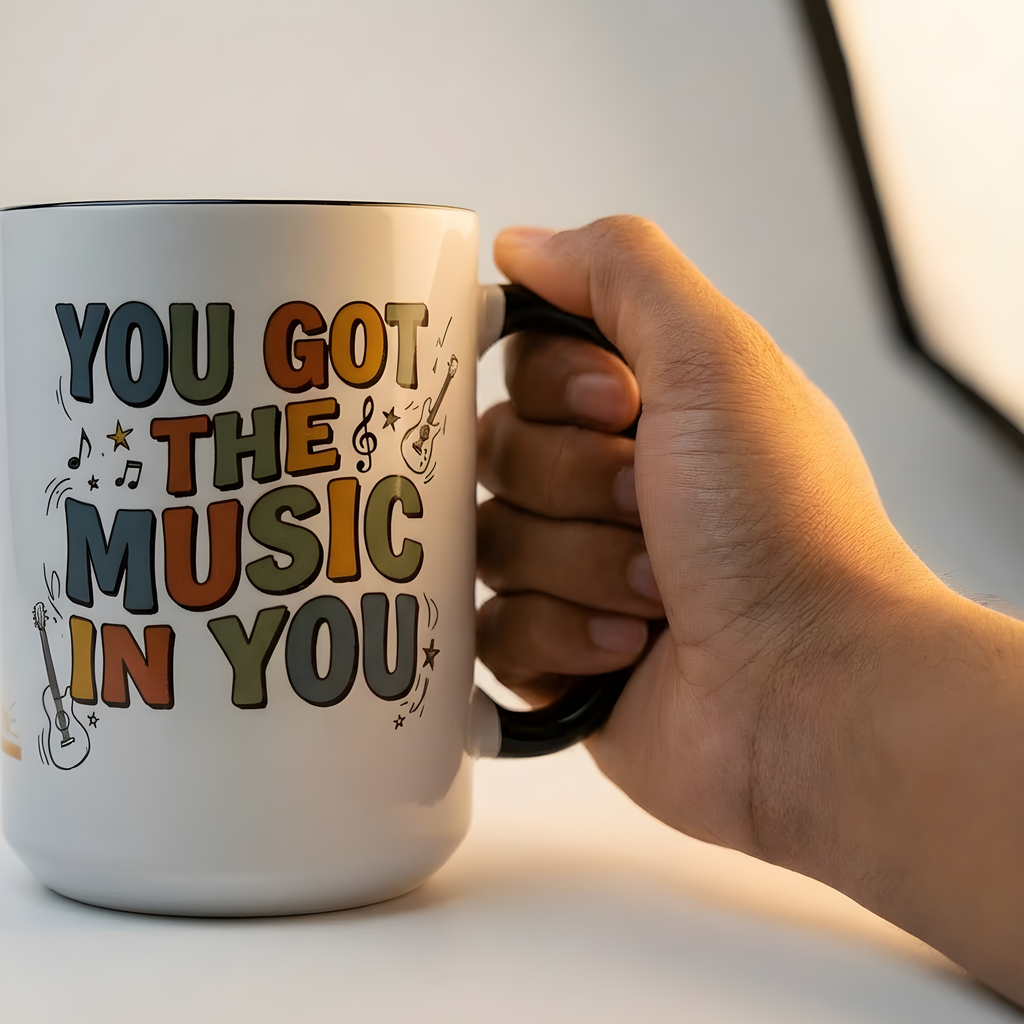 Hand holding a mug with 'You Got the Music in You' text