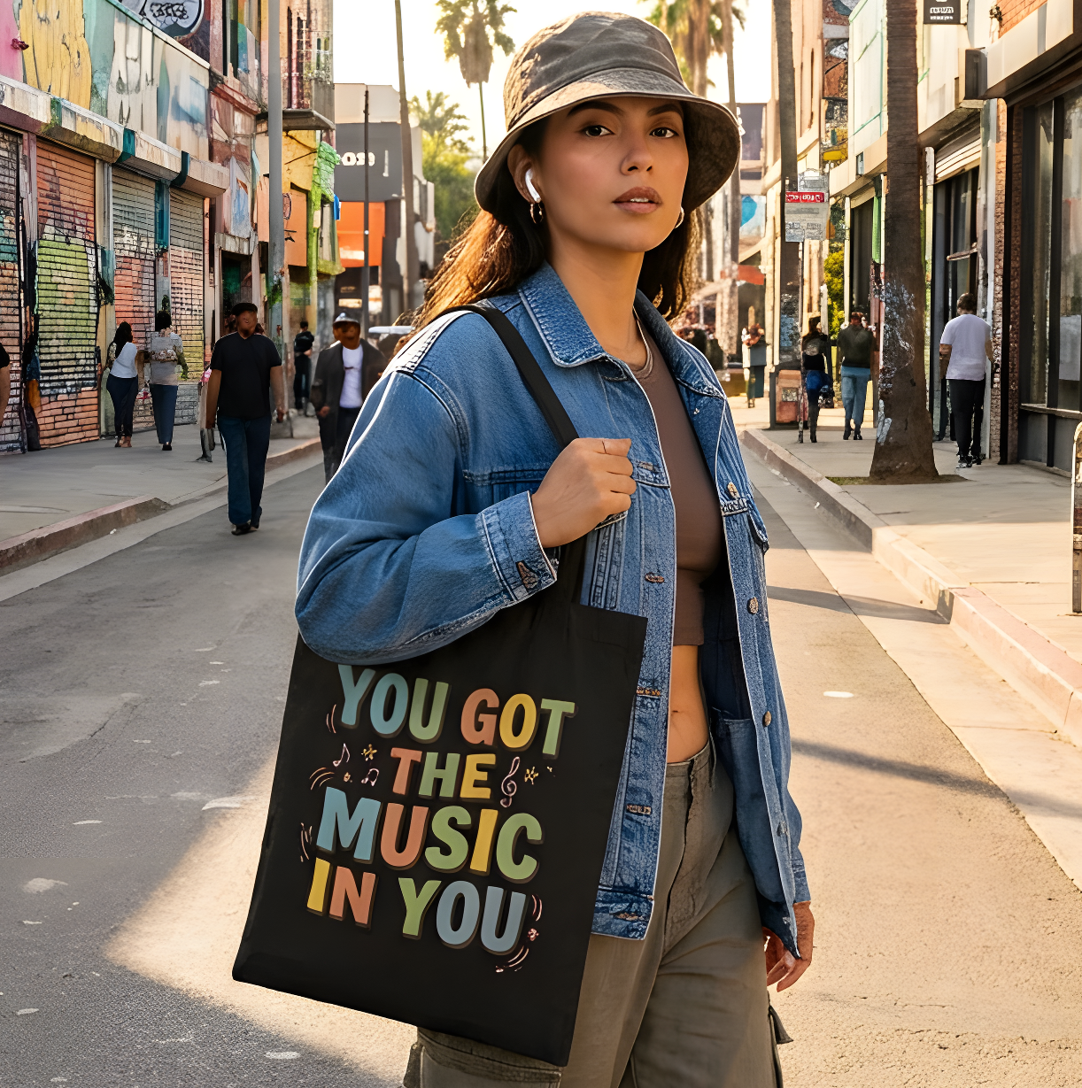 Person walking on a street with colorful graffiti and palm trees, carrying a tote bag with text.