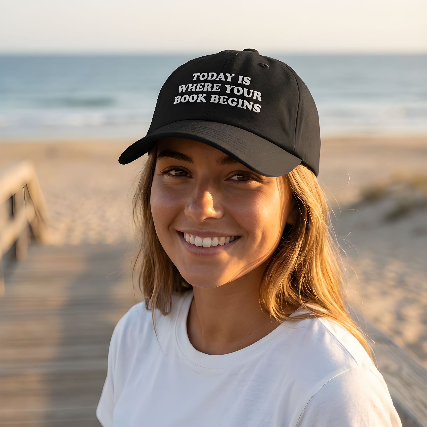 Woman wearing a black cap with text and a white t-shirt with a logo on a beach.