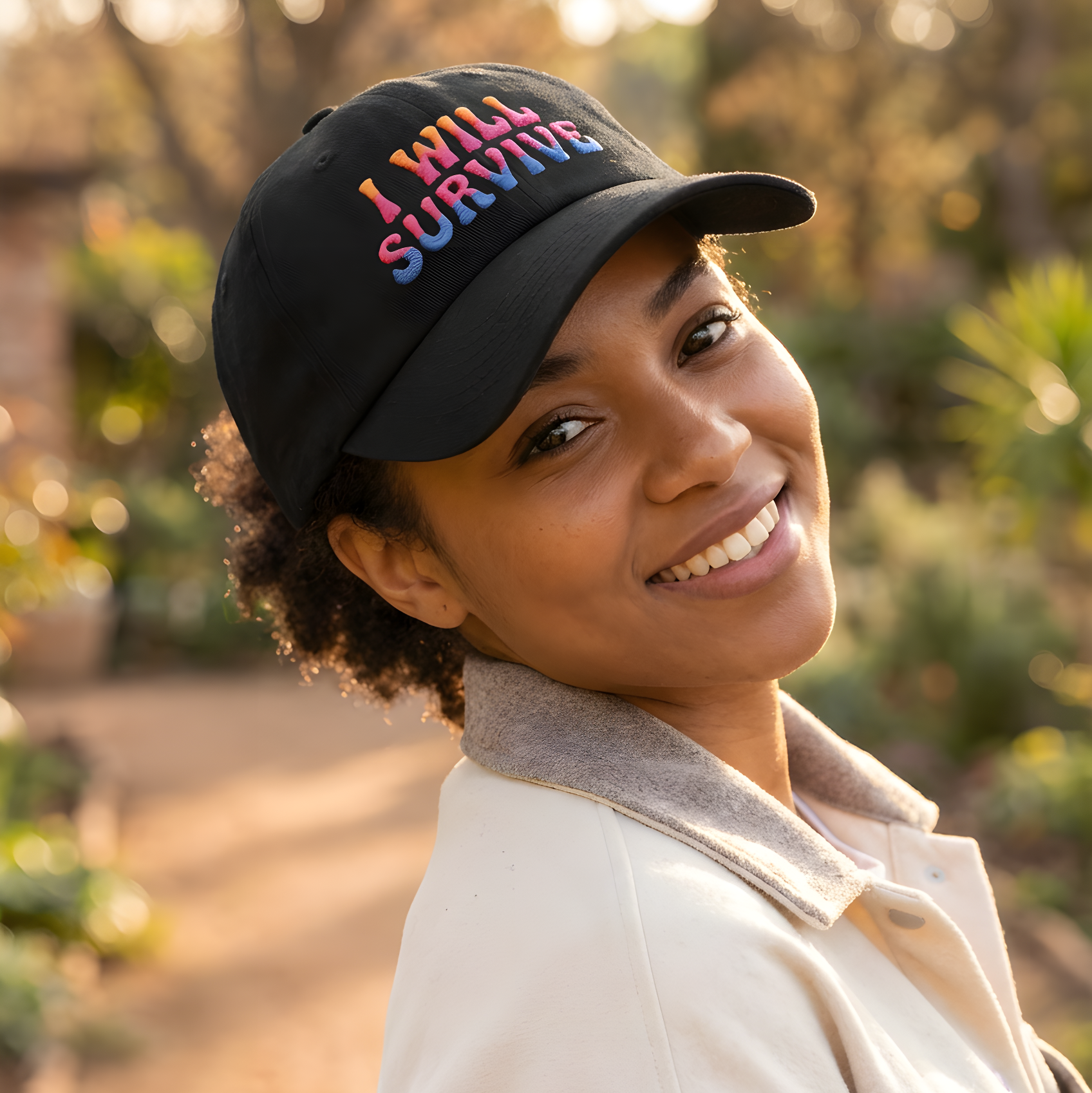 Woman wearing a black cap with colorful text, standing outdoors with trees in the background.