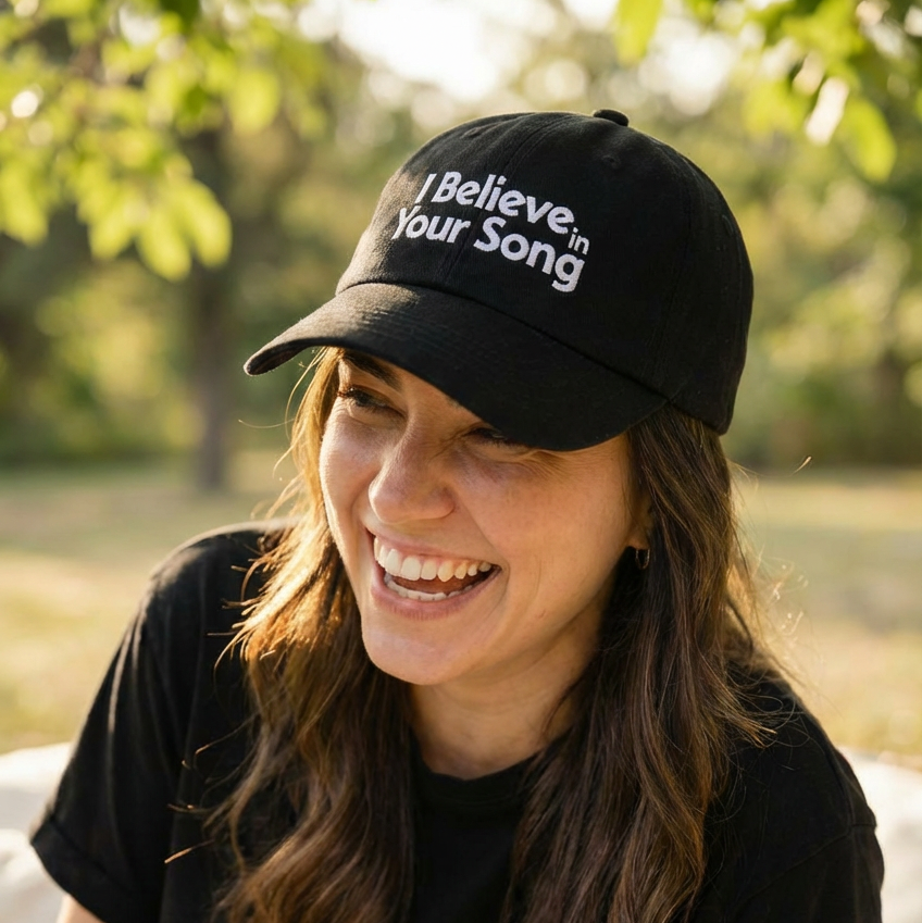 Woman wearing a black cap with 'I Believe in Your Song' text, sitting outdoors.