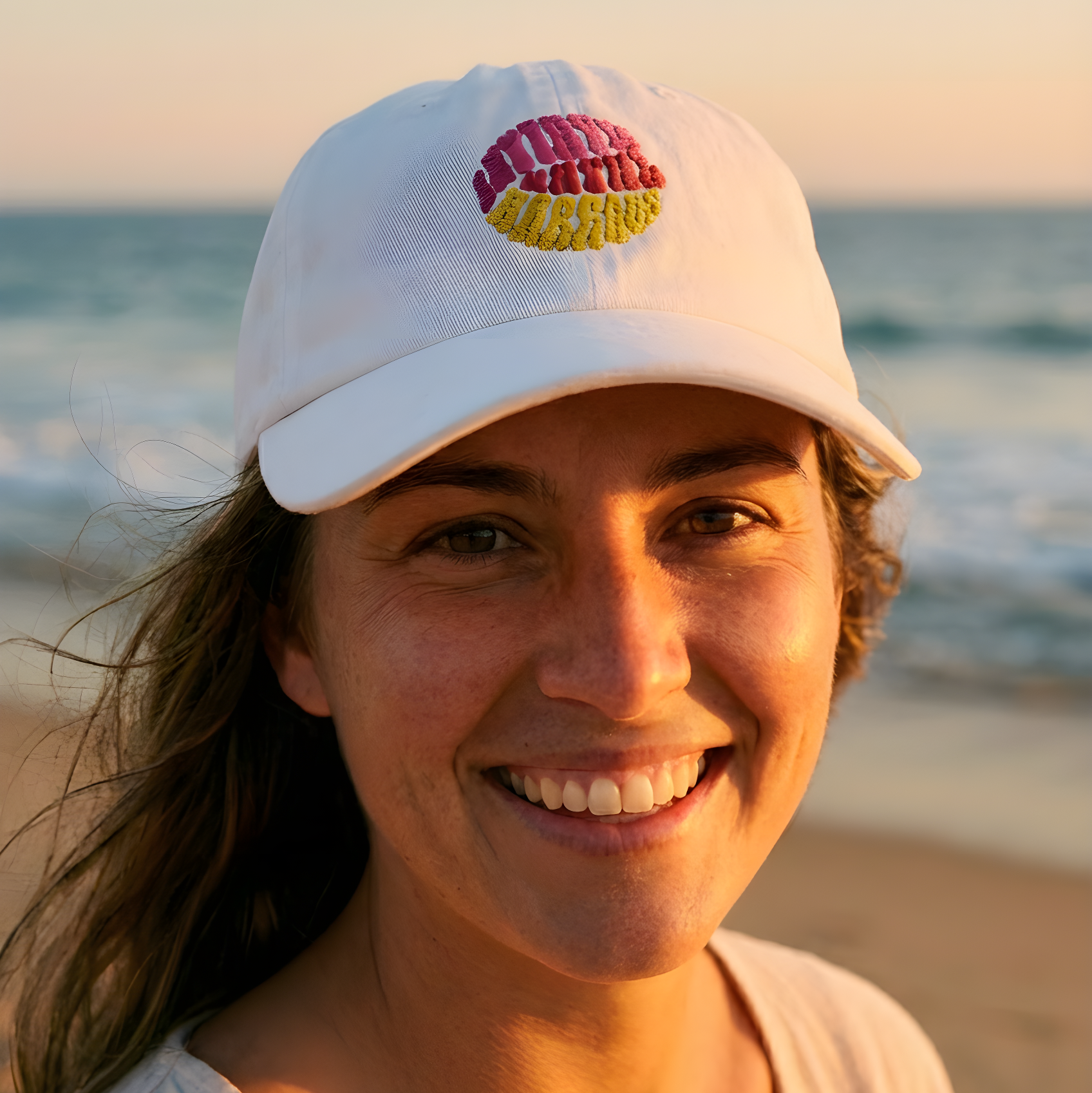 Woman wearing a white cap with colorful text on a beach at sunset
