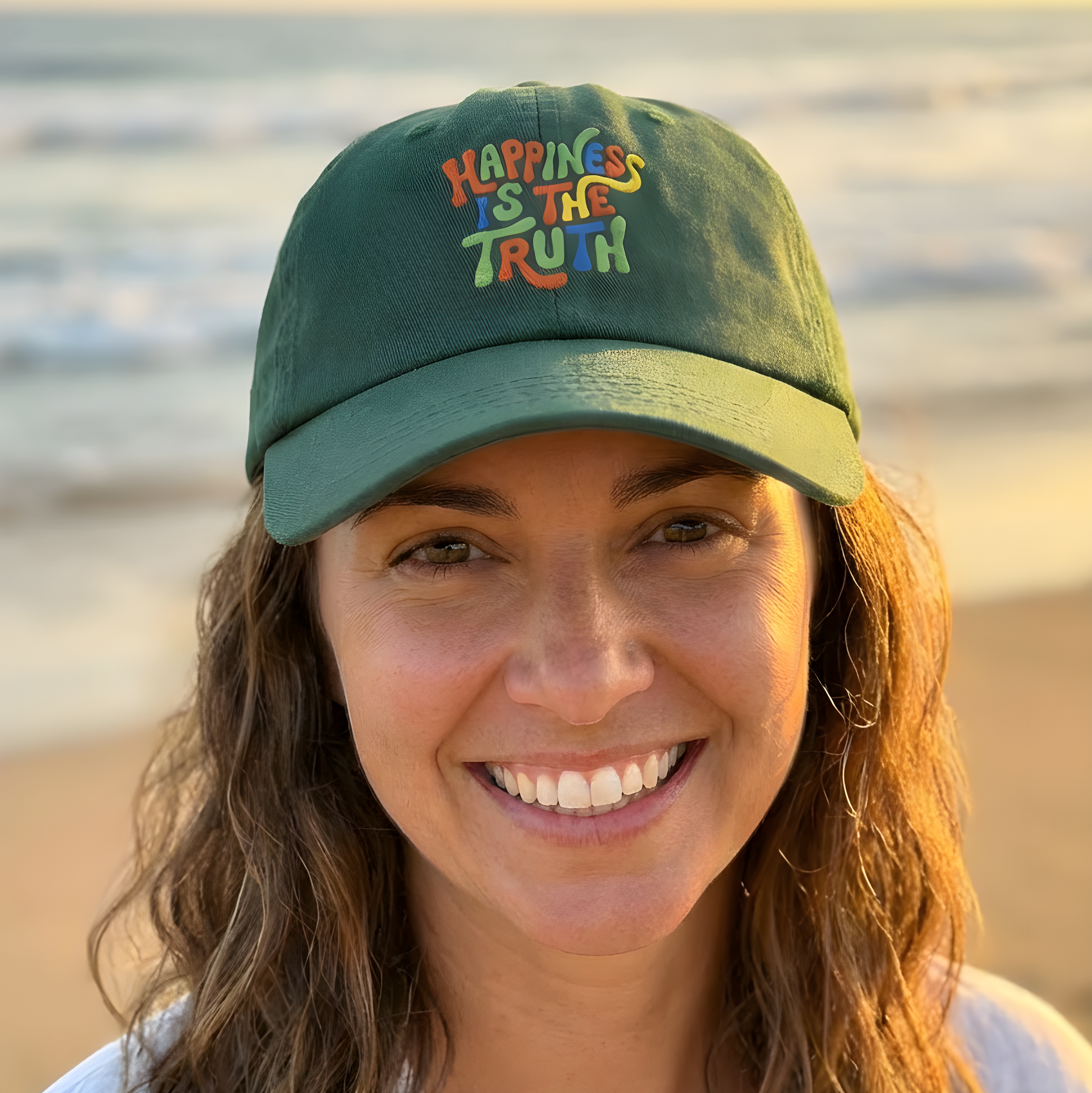 Woman wearing a green cap with 'Happiness is the Truth' text on a beach.