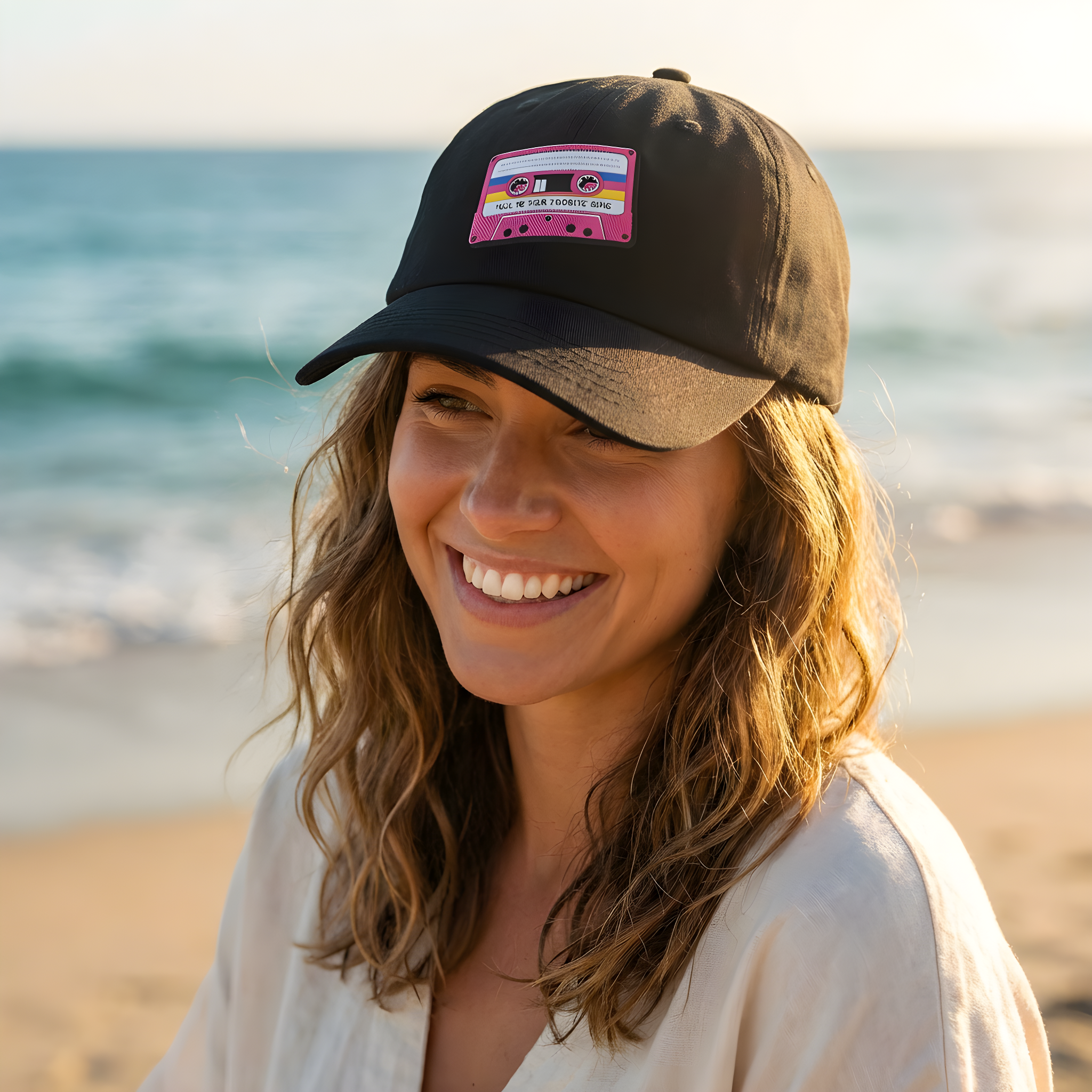 Woman wearing a black cap with a colorful patch on a beach