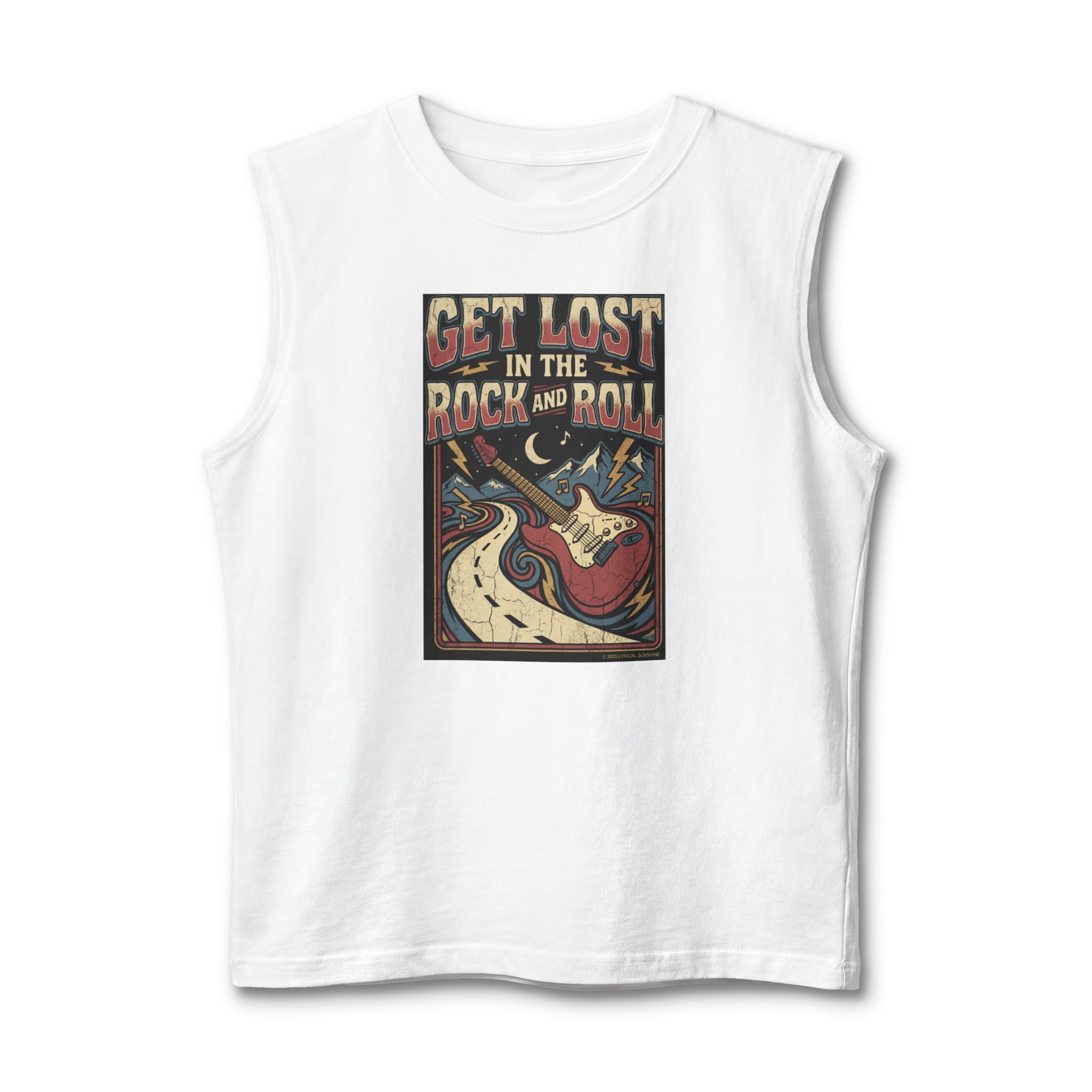 Rock & Roll Muscle Tank Top — "Get Lost in the Rock and Roll" Vintage Guitar Tee