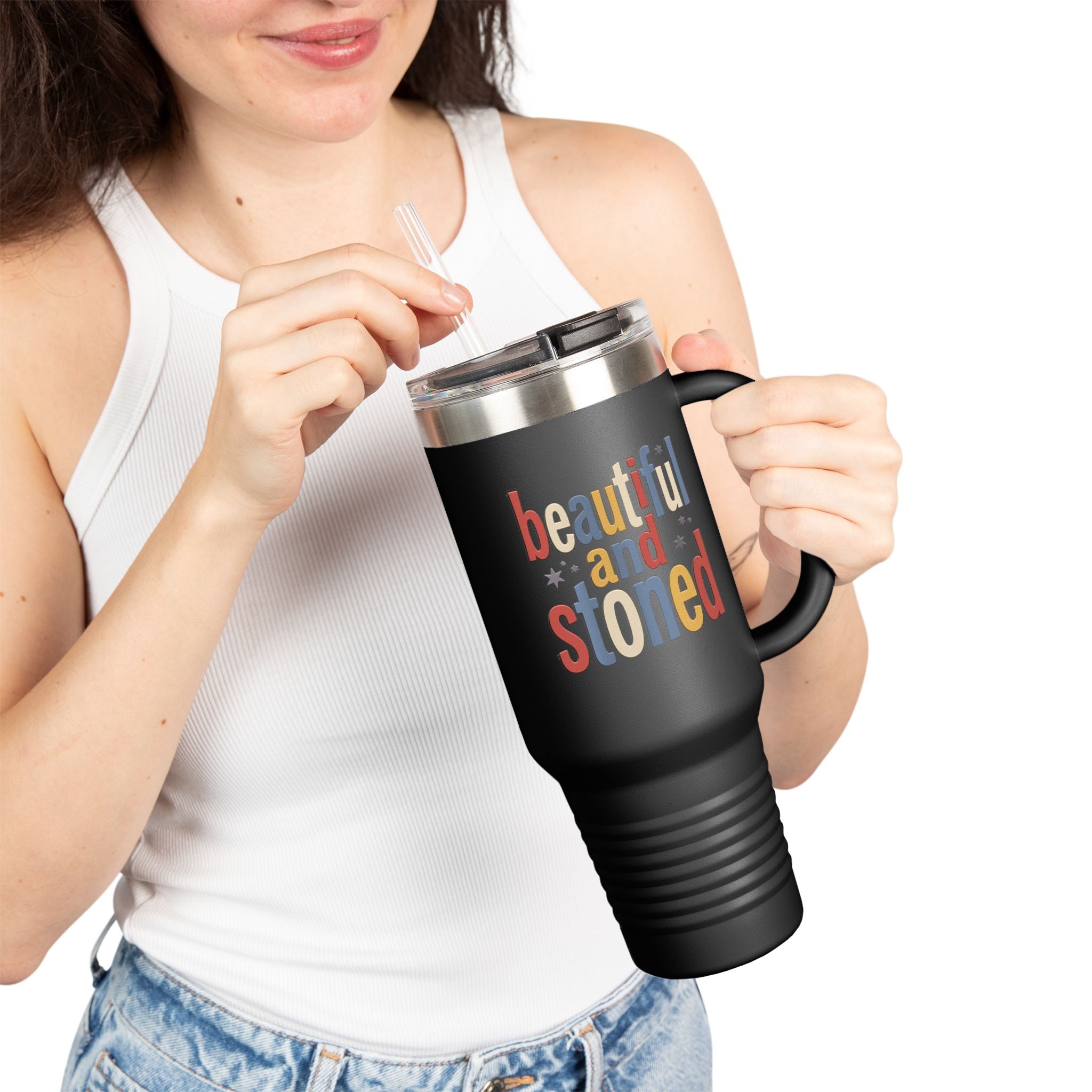 40oz Insulated Travel Mug — "Beautiful and Stoned" Retro Floral Design