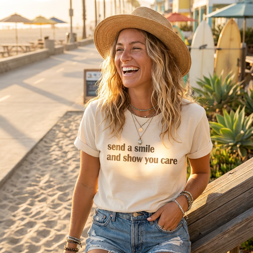 Woman wearing a 'send a smile and show you care' t-shirt on a beach.