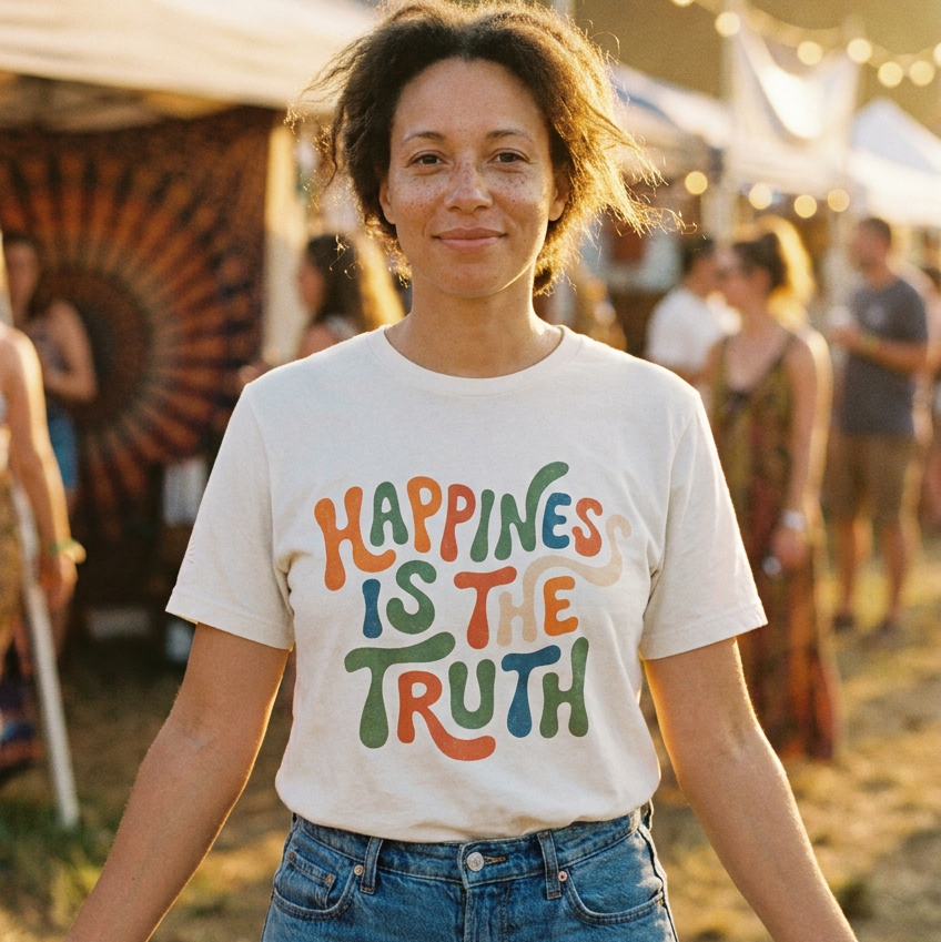 Woman wearing a t-shirt with 'Happiness is the Truth' at an outdoor event.