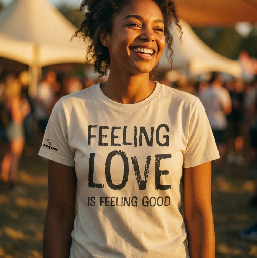 Person wearing a 'Feeling Love is Feeling Good' t-shirt at an outdoor event.