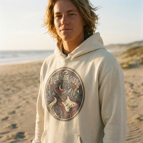 Person wearing a hoodie with 'Free Your Soul' graphic on a beach