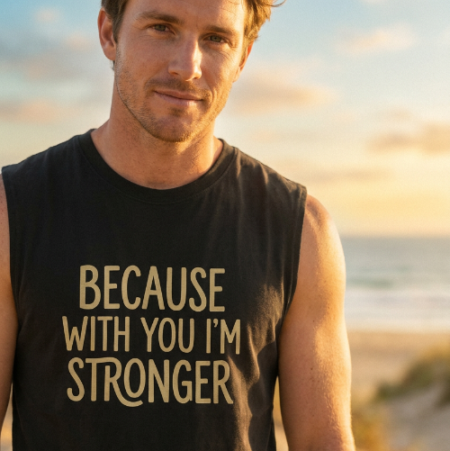 Man wearing a black sleeveless shirt with text on a beach at sunset