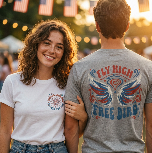 Two people wearing t-shirts with 'Fly High Free Bird' design, standing together at an outdoor event.