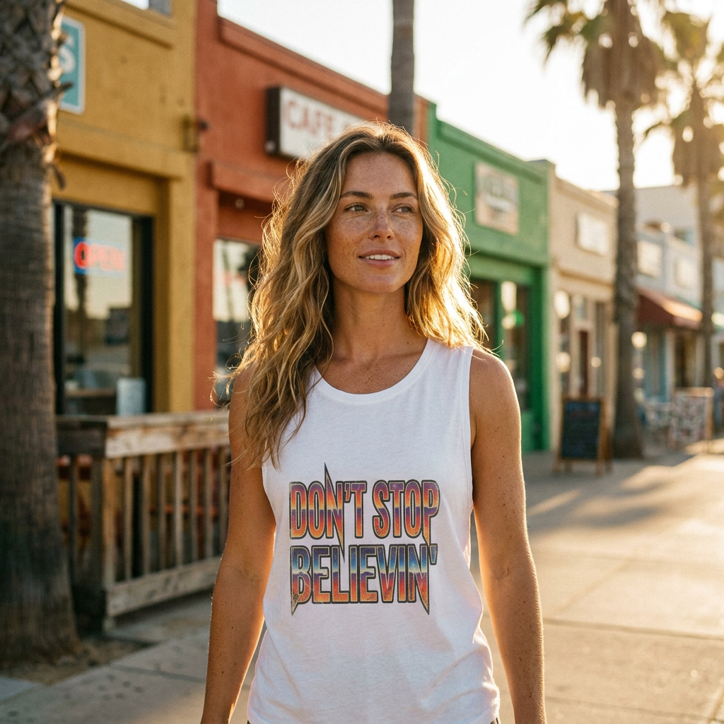 Don't Stop Believin' Tank Top — Retro Sunset Graphic Sleeveless Tee