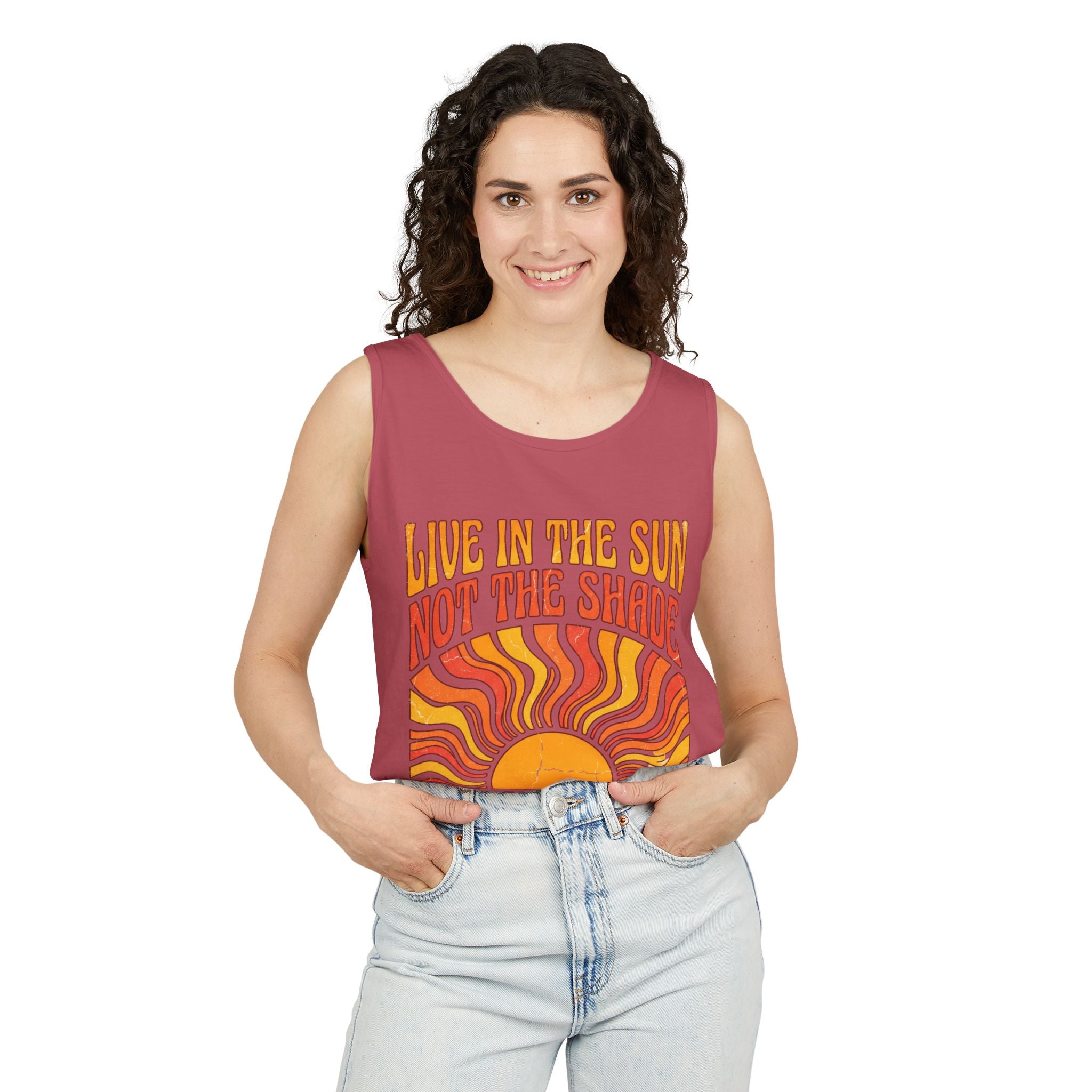 Live in the Sun Tank Top — "Live in the Sun Not the Shade" Retro Sunshine Graphic