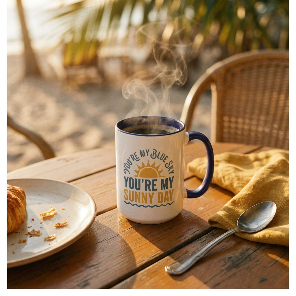 Steaming mug with a quote on a wooden table outdoors