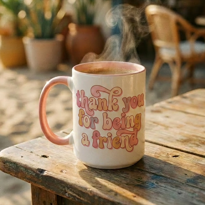 Mug with 'thank you for being a friend' text on a wooden table outdoors.