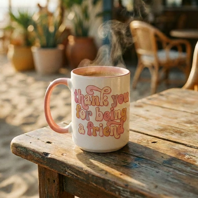 Mug with 'thank you for being a friend' text on a wooden table outdoors.
