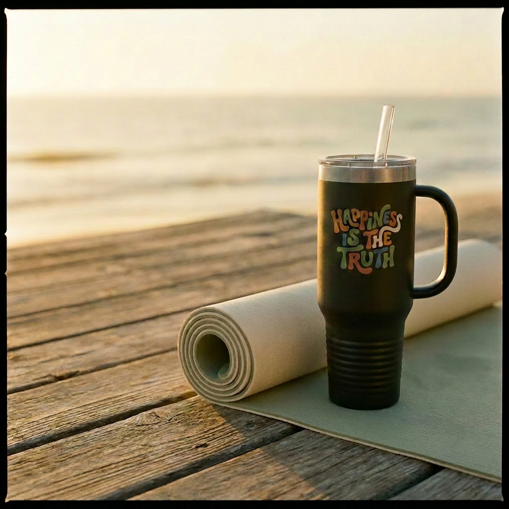 Mug with 'Happiness is the Truth' text on a wooden deck by the water