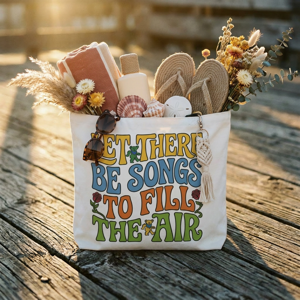 Let There Be Songs Tote Bag — Retro Floral Song Lyrics Canvas Tote