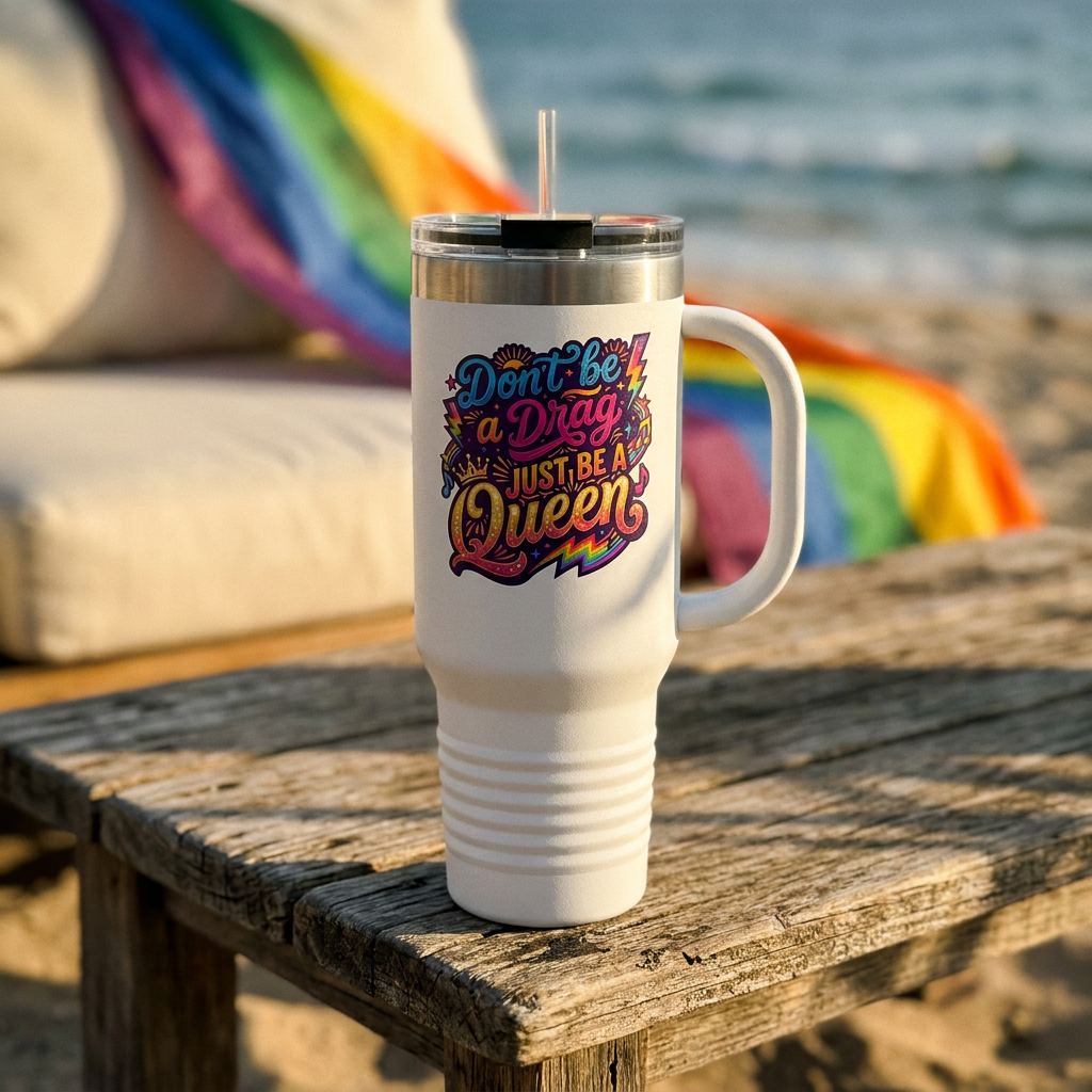 40oz Travel Mug - "Don't Be a Drag Just Be a Queen" Colorful Pride Insulated Tumbler