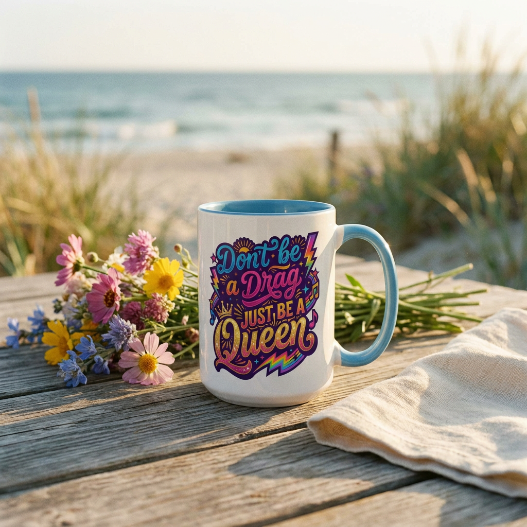 Accent Coffee Mug — "Don't Be a Drag, Just Be a Queen" Colorful Pride Gift
