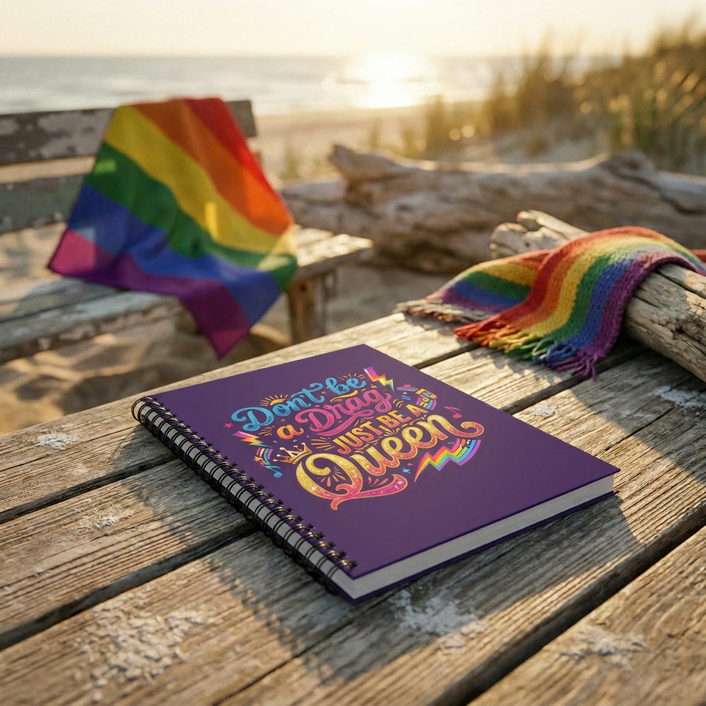 Notebook — "Don't Be a Drag, Just Be a Queen" Colorful Pride Spiral Journal