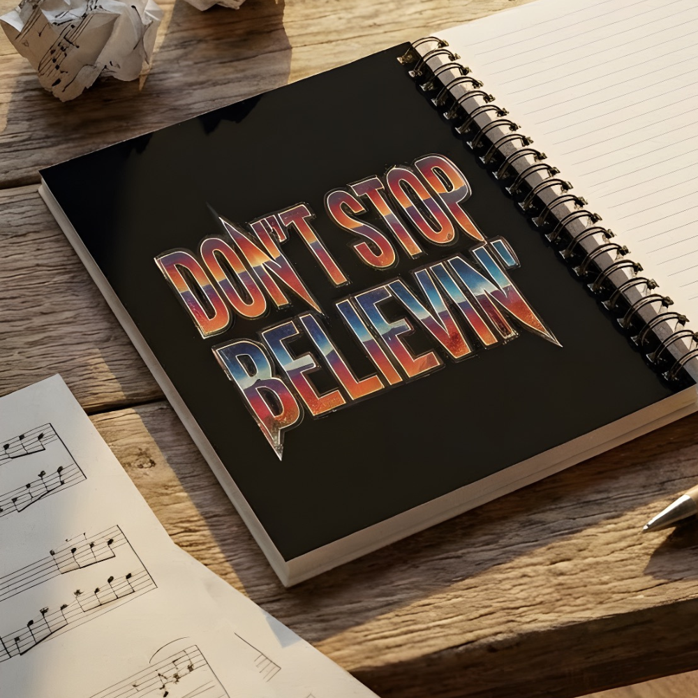 Notebook with 'Don't Stop Believin'' on a wooden surface with crumpled paper and sheet music.