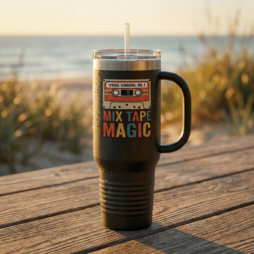 A black insulated travel tumbler with a clear lid and straw sits on a wooden table outdoors near the beach. The tumbler has a cassette graphic and the words “LITERAL SUNSHINE, VOL.