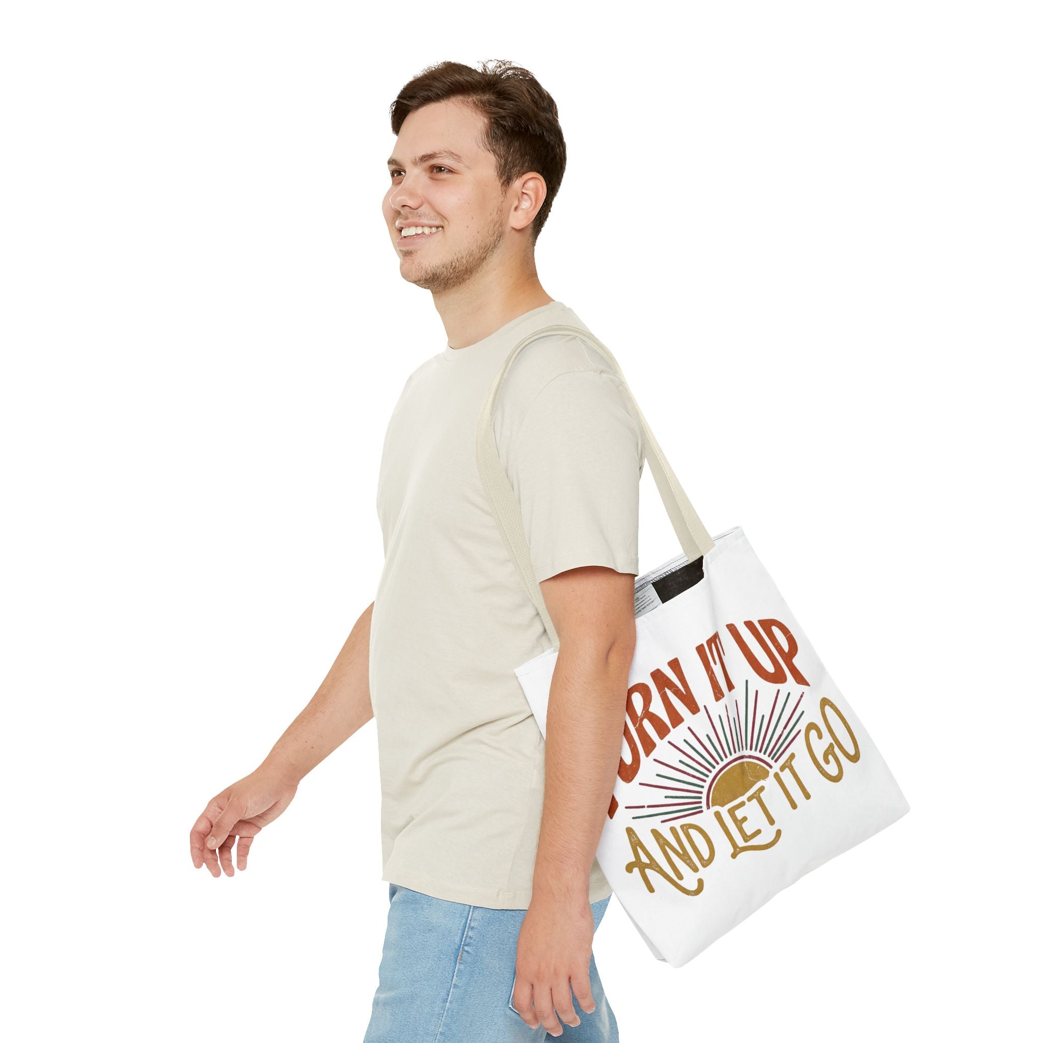Tote — "Turn It Up and Let It Go" Retro Sunset Tote Bag