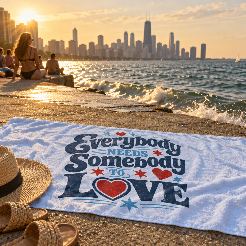 Everybody Needs Somebody to Love Beach Towel – Retro Heart Typography