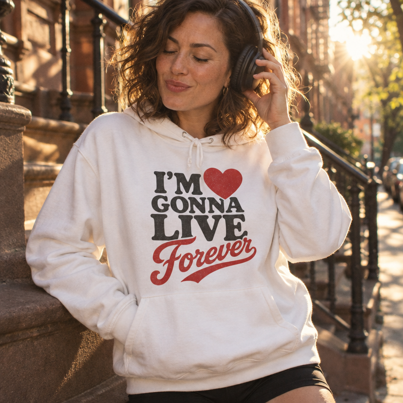 I'm Gonna Live Forever Hoodie — Inspirational Retro Heart Graphic Hooded Sweatshirt