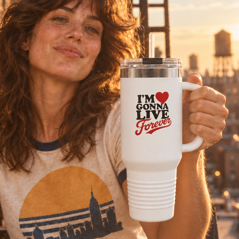 40oz Insulated Travel Mug — “I’m  Gonna Live Forever” Stainless Tumbler